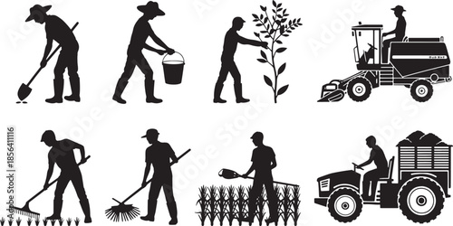 Silhouette agricultural workers with tools and machinery on white background agriculture farmer