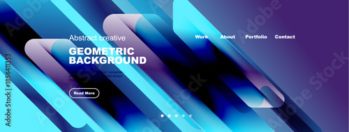Abstract geometric background design. Blue hues dominate, featuring flowing shapes, text elements, navigation menu. Modern aesthetic.