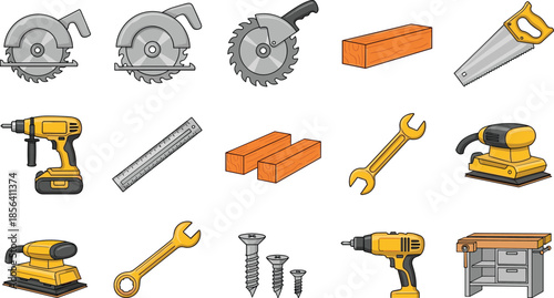 Woodworking tools icon set, construction equipment, hand tools, power tools, carpentry gear, workshop items, black line illustration, DIY graphics