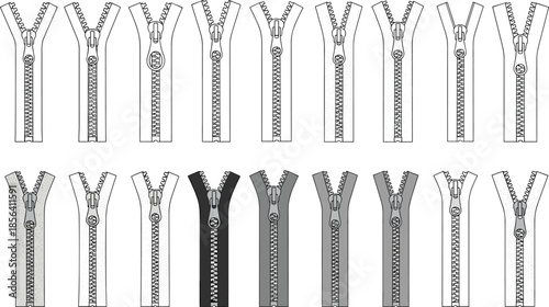 Zipper illustration set, clothing fastener variations, sewing accessories collection, textile design elements, fashion tailoring hardware, isolated outline vector