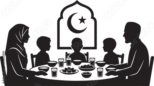 Muslim family gathers for a shared meal under an islamic arch with crescent and star
