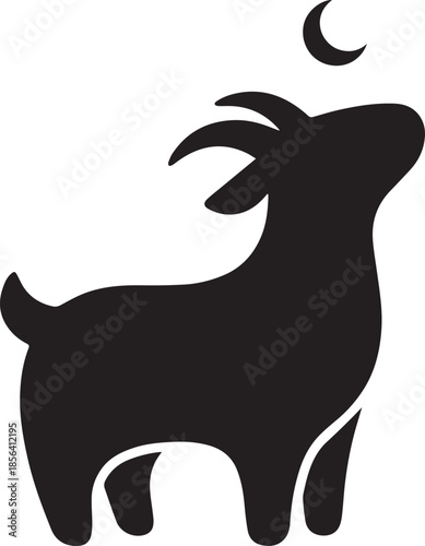 A stylized black silhouette of a goat looking up at a crescent moon in the night sky