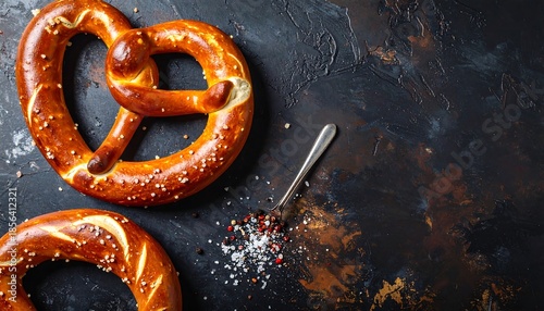 Delicious freshly baked pretzels with salt and spices on a dark background