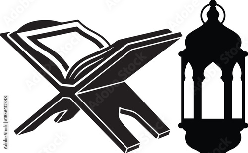 Islamic holy book and traditional lantern icon for ramadan and eid celebrations