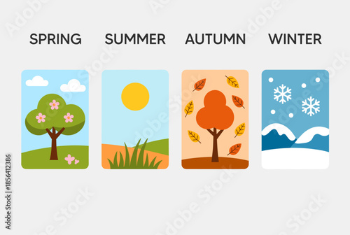 Four Seasons Illustrations Spring, Summer, Autumn, and Winter Landscape Set
