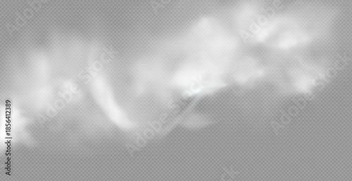 Realistic white fluffy clouds with fog or light smoke effect on a transparent background. Misty atmosphere element for overlaying on images, dramatic scenes or weather visual effects.