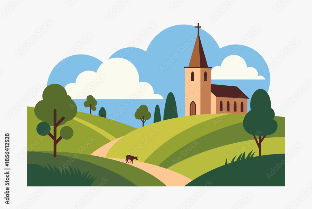 Naklejka premium Idyllic Rural Landscape with Church on Rolling Green Hills and Winding Path