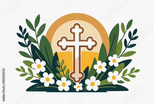 Stylized Christian Cross with Leaves and White Flowers Against a Sunrise