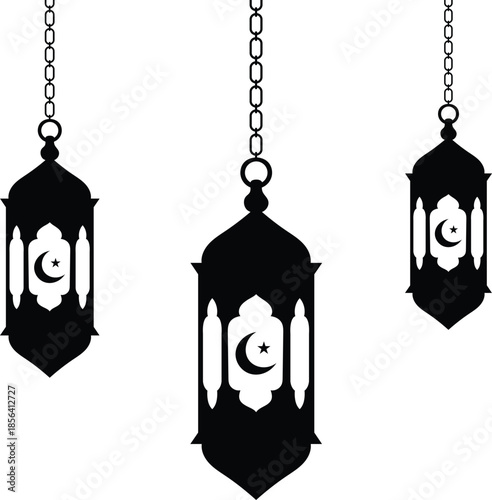 Elegant black hanging ramadan lanterns with crescent moon and star motif silhouette
