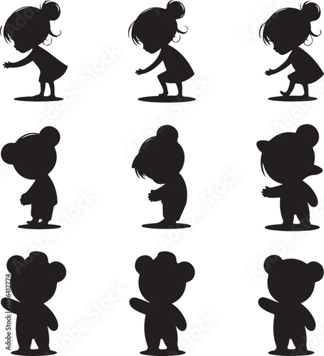 Cute cartoon silhouettes of children and teddy bears in various poses