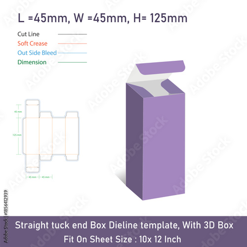 Straight tuck end box dieline template with 3d box, Vector illustration