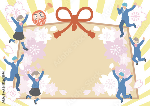 合格祈願　絵馬のフレーム　桜とジャンプする受験生が描かれた和風の背景素材　アイソメトリック　イラスト