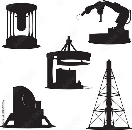 Industrial machinery and equipment silhouettes isolated set