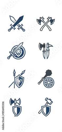 Abstract weaponry icons set swords axes shields and hammers on dark