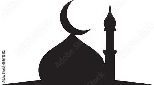 Elegant black silhouette of a mosque with a crescent moon and minaret, symbolizing islamic faith and architecture