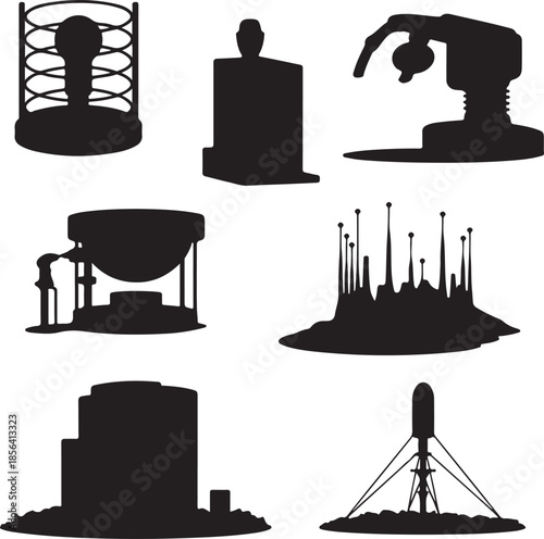 Industrial and scientific machinery silhouettes isolated on transparent background