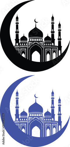 Elegant black silhouette of a mosque against a crescent moon, a symbol of islamic faith and tradition