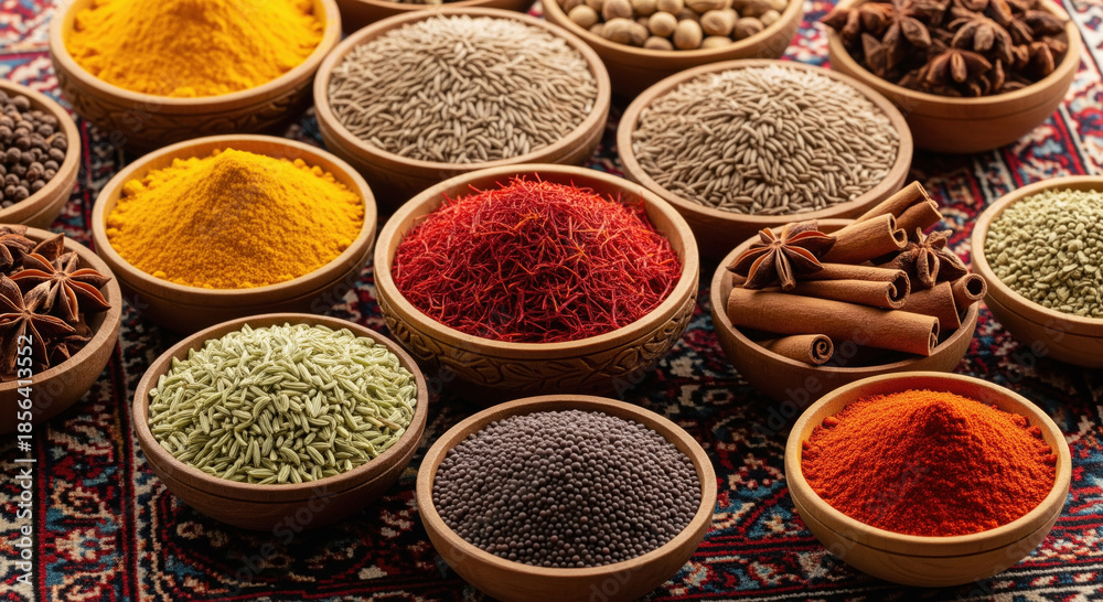 Fototapeta premium Vibrant Assortment of Global Spices in Wooden Bowls on Rug