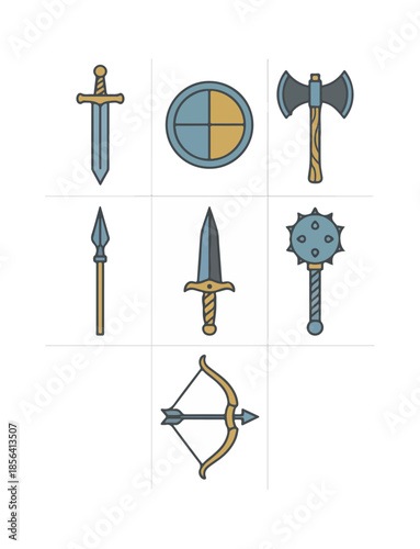 Medieval weaponry collection isolated against black background