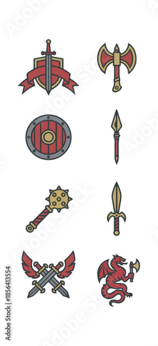 Set of medieval weaponry icons on black background