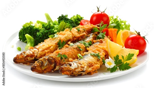 Delicious fried fish with fresh vegetables, a culinary delight on a white background
