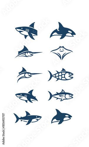 Stylized aquatic creatures silhouettes isolated on black background