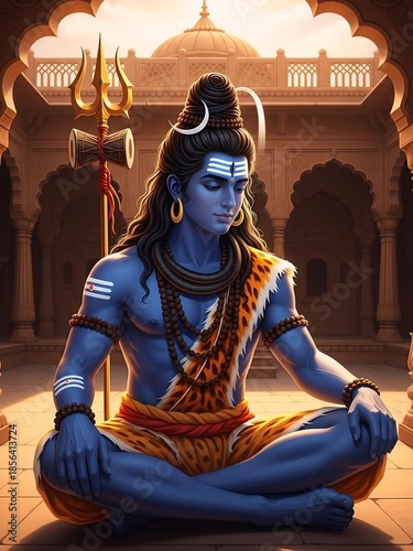 Lord Shiva Digital Art Meditation Pose with Trident and Tiger Skin