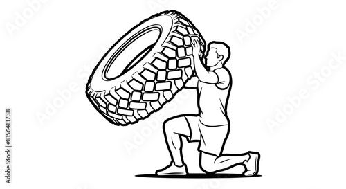 Man Lifting Heavy Tire in Exercise.