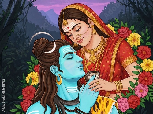 Lord shiva and goddess parvati divine love illustration