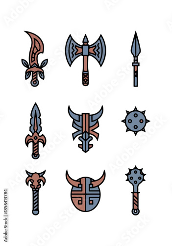 Stylized weaponry collection on black background