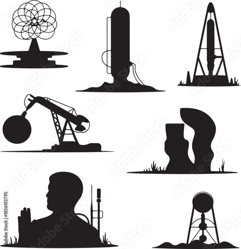 Silhouettes of industrial equipment and machinery isolated on transparent background