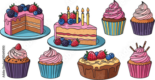 Delicious assortment of homemade cakes and cupcakes with fresh fruit toppings