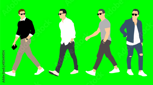 A group of stylish people in fashionable casual clothes. Vector illustration of men in casual clothes, flat colored isolated on green background.