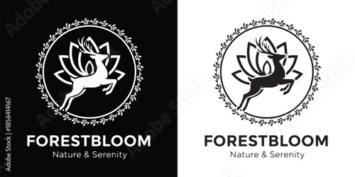 Forestbloom Nature and Serenity Leaping Deer and Lotus Floral Logo