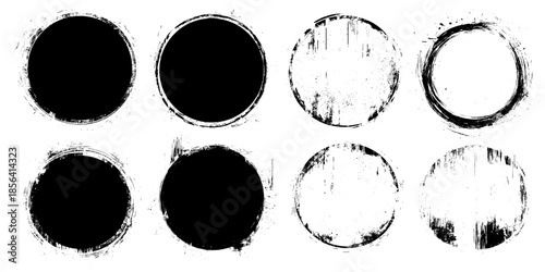 Collection of miscellaneous black grunge round brush strokes isolated over white background. Set of design elements. Vector illustration.