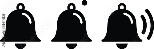 Set of three black and white bell icons showing silent and ringing notification alert states