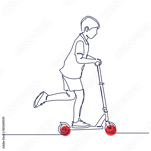 Little Boy Riding Scooter one line drawing. Little Boy Riding Scooter single line illustration. Little Boy Riding Scooter minimalist line art. Little Boy Riding Scooter vector art