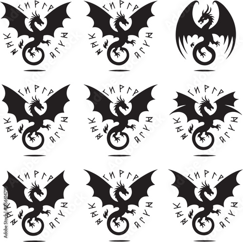 Nine mythical dragons with ancient runes and wings isolated illustration