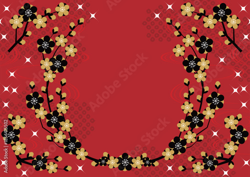 梅が枝リース背景、横、赤、かわいい、イラスト、和風