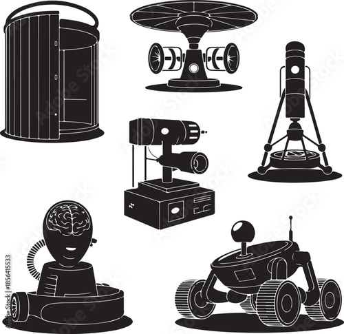 Futuristic robots and advanced technology devices illustration set