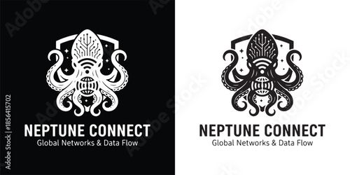 Neptune Connect Octopus Logo with Circuit Brain for Global Networks and Ocean Data Systems
