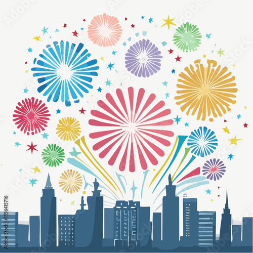 A vibrant city skyline celebrating with colorful fireworks and stars