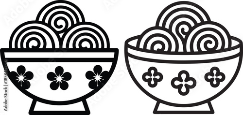 Decorative bowls filled with swirled food, presented in a minimalist black and white outline