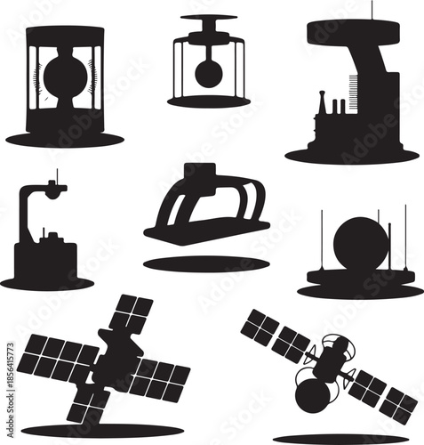 Collection of satellite and radar communication equipment silhouettes