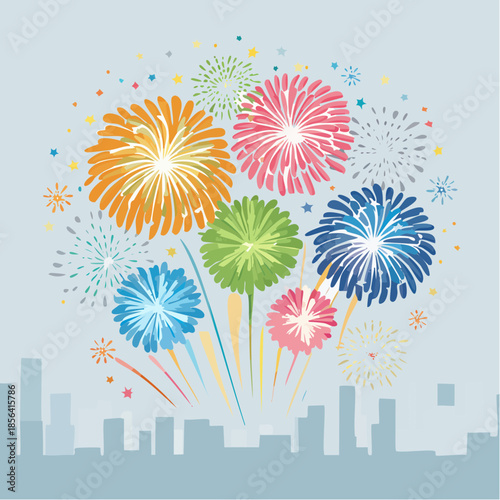 A vibrant illustration of colorful fireworks exploding over a city skyline