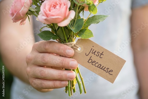 A hand is holding a small bouquet of pink roses tied with twine. Attached is a tag that reads just because, perfect for expressing love or appreciation