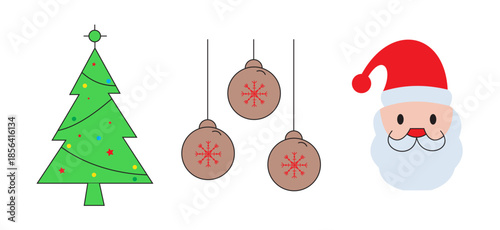 Christmas Tree Ornaments and Santa Face Icon Set – Festive Holiday Vector