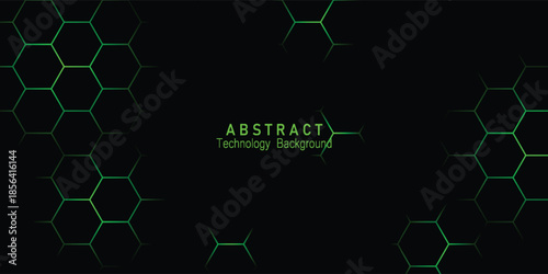 Abstract cyber background featuring neon green hexagonal network lines.