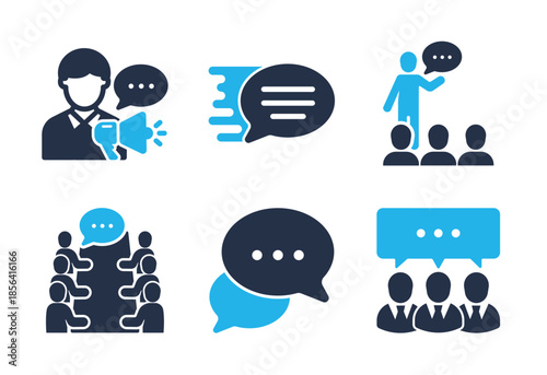 Public Relations and Group Discussion icon set. Solid glyph series icons