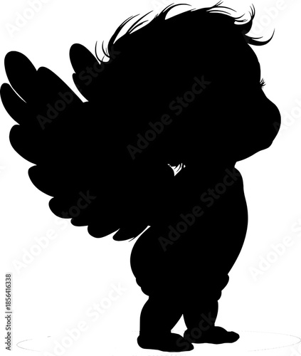 Silueta negra de ángel bebé o cupido con alas de perfil, ilustración vectorial aislada. Vector de querubín alado para tarjetas de San Valentín, amor y celebraciones románticas.